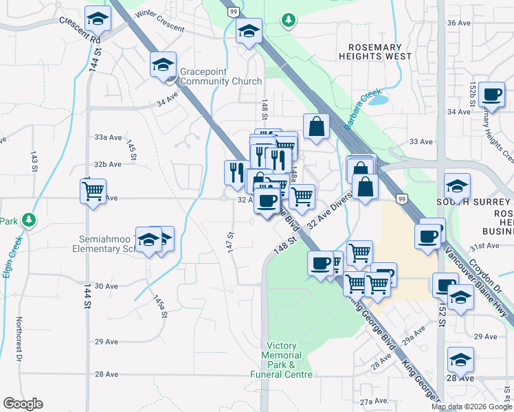 map of restaurants, bars, coffee shops, grocery stores, and more near 14780 32 Avenue in Surrey