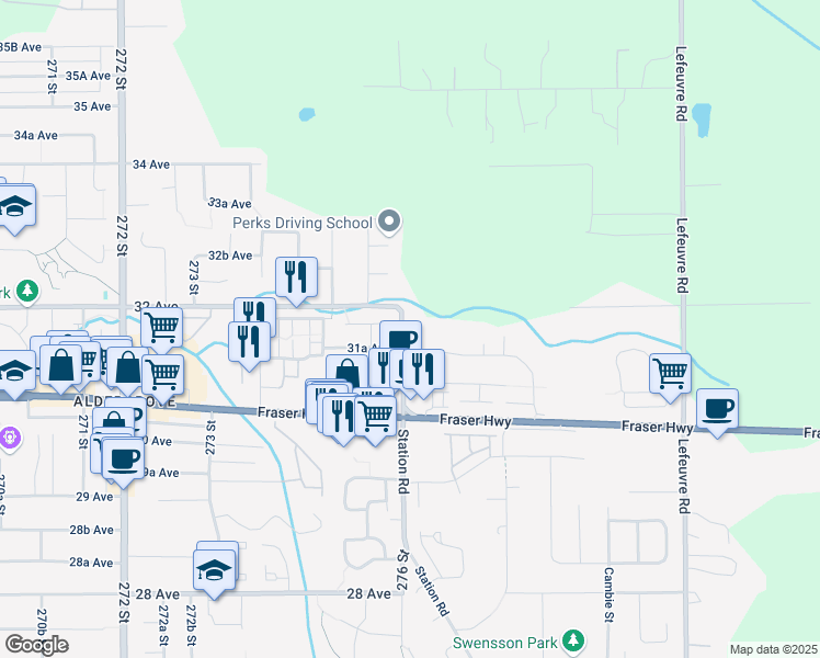 map of restaurants, bars, coffee shops, grocery stores, and more near 3162 Station Road in Abbotsford