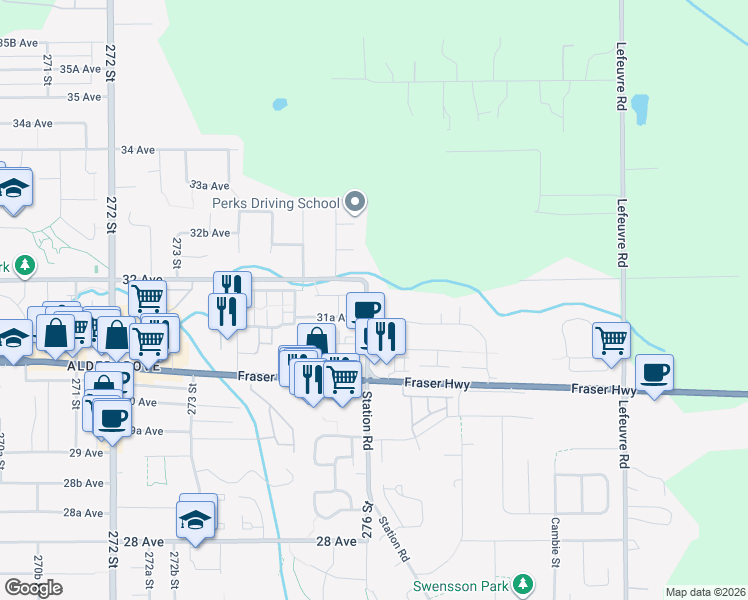 map of restaurants, bars, coffee shops, grocery stores, and more near 27581 32 Avenue in Langley Township