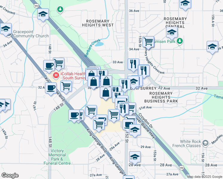 map of restaurants, bars, coffee shops, grocery stores, and more near Vancouver-Blaine Highway in Surrey