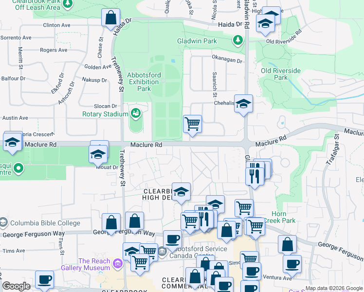 map of restaurants, bars, coffee shops, grocery stores, and more near 3207 Chehalis Drive in Abbotsford