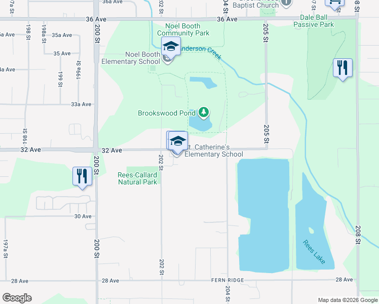 map of restaurants, bars, coffee shops, grocery stores, and more near 20275 32 Avenue in Langley Township