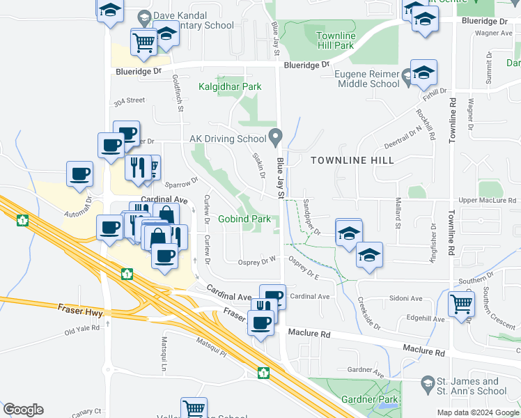 map of restaurants, bars, coffee shops, grocery stores, and more near 3184 Siskin Court in Abbotsford
