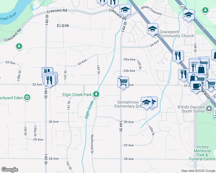 map of restaurants, bars, coffee shops, grocery stores, and more near 14338 32 Avenue in Surrey
