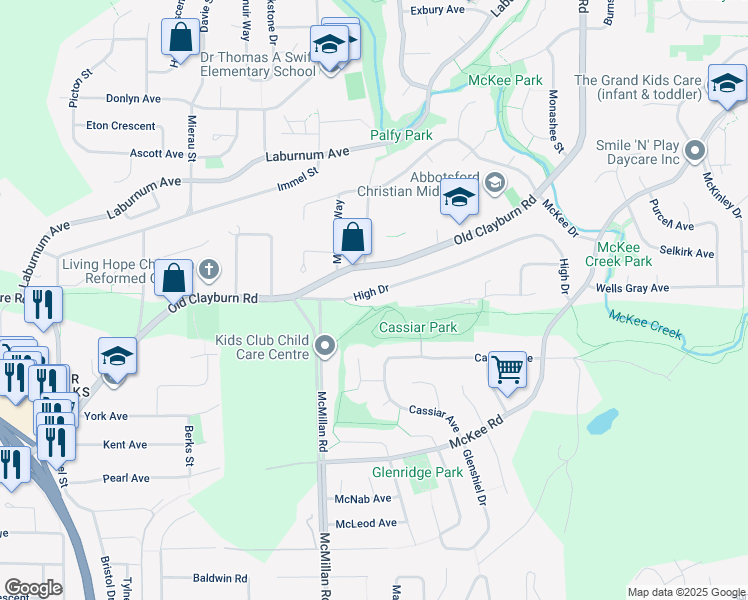 map of restaurants, bars, coffee shops, grocery stores, and more near 34874 High Drive in Abbotsford