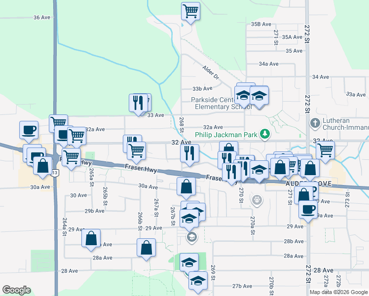 map of restaurants, bars, coffee shops, grocery stores, and more near 3174 268 Street in Langley Township