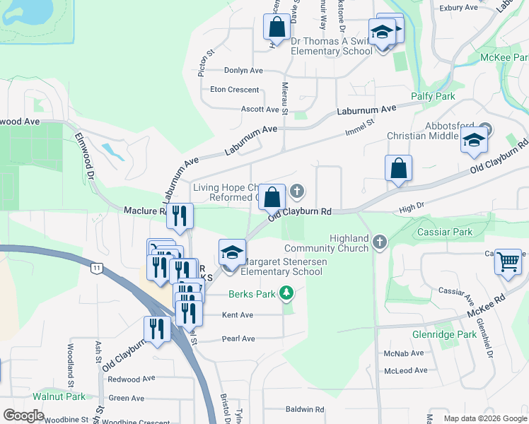 map of restaurants, bars, coffee shops, grocery stores, and more near 3210 Saddle Street in Abbotsford