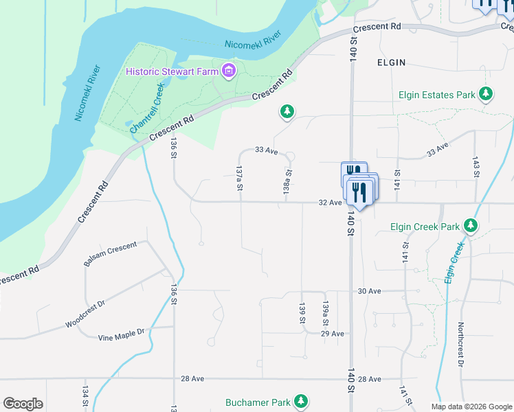 map of restaurants, bars, coffee shops, grocery stores, and more near 13788 32 Avenue in Surrey