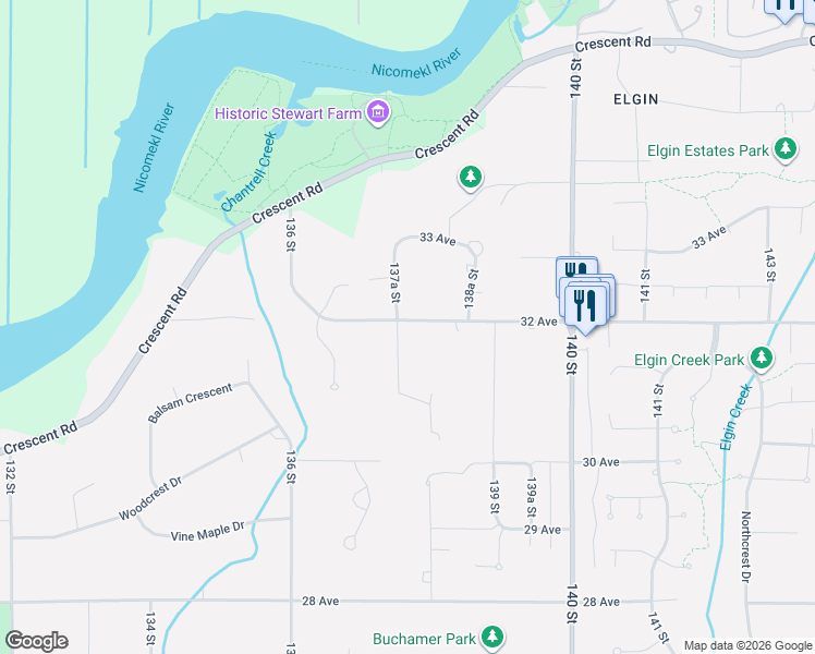 map of restaurants, bars, coffee shops, grocery stores, and more near 13768 32 Avenue in Surrey