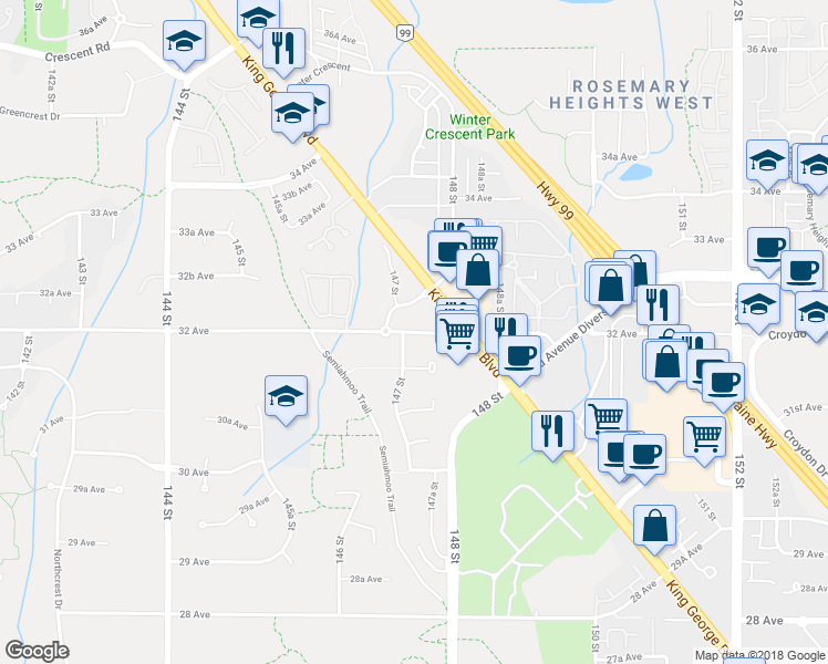 map of restaurants, bars, coffee shops, grocery stores, and more near 14713 32 Avenue in Surrey