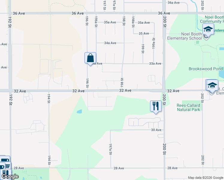 map of restaurants, bars, coffee shops, grocery stores, and more near 19721 32 Avenue in Langley