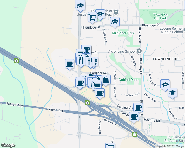 map of restaurants, bars, coffee shops, grocery stores, and more near 30490 Cardinal Avenue in Abbotsford