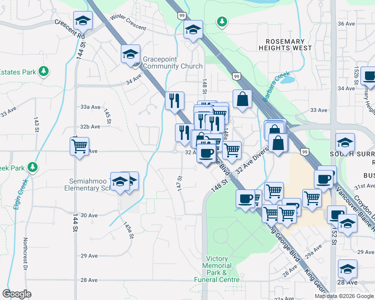 map of restaurants, bars, coffee shops, grocery stores, and more near 14743 32 Avenue in Surrey