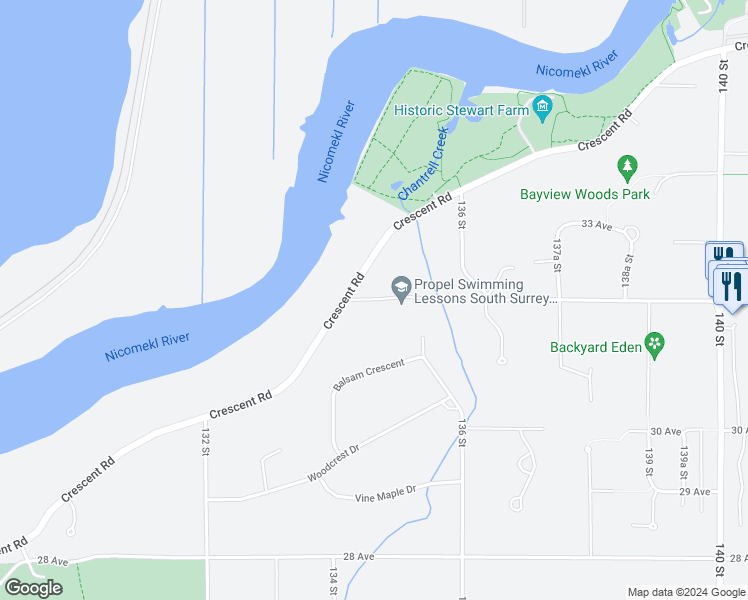 map of restaurants, bars, coffee shops, grocery stores, and more near 8686 32 Avenue in Surrey