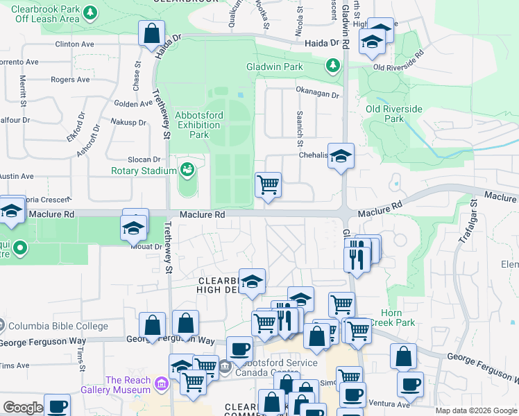 map of restaurants, bars, coffee shops, grocery stores, and more near 3207 Chehalis Drive in Abbotsford