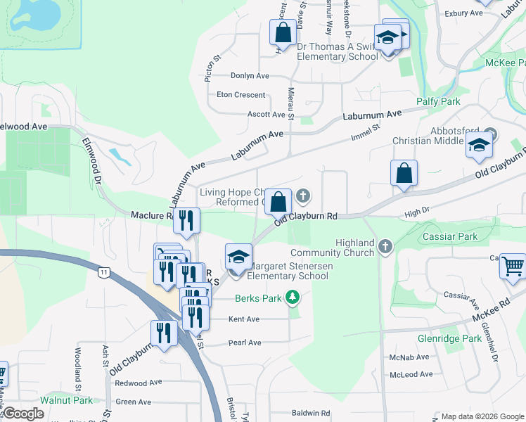 map of restaurants, bars, coffee shops, grocery stores, and more near 3210 Saddle Street in Abbotsford