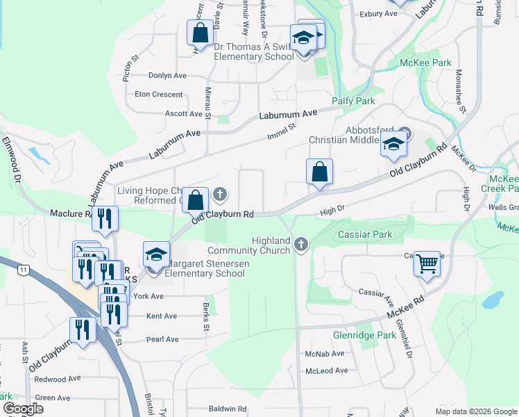 map of restaurants, bars, coffee shops, grocery stores, and more near 34713 Old Clayburn Road in Abbotsford