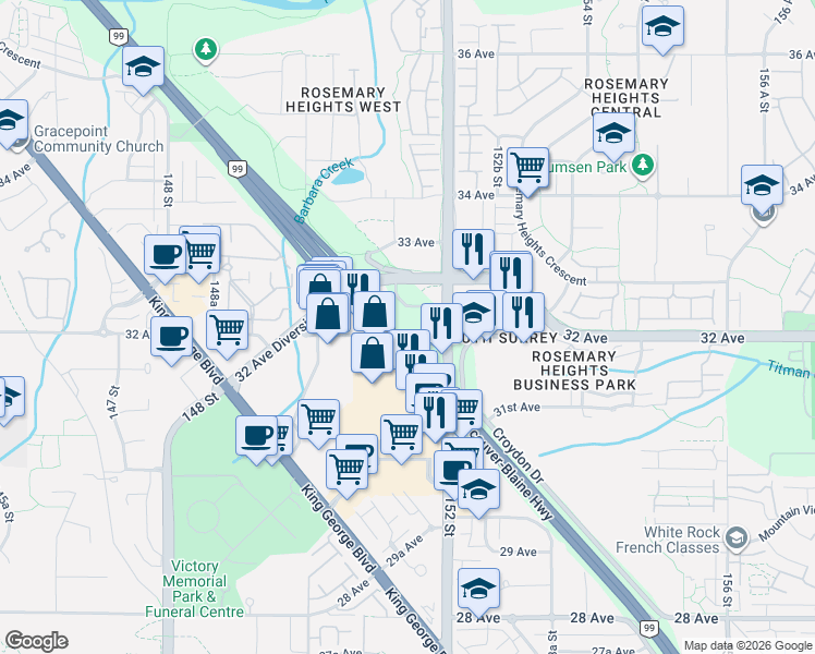 map of restaurants, bars, coffee shops, grocery stores, and more near 3211 152 Street in Surrey