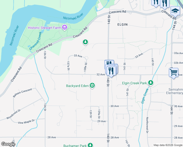 map of restaurants, bars, coffee shops, grocery stores, and more near 13877 32 Avenue in Surrey