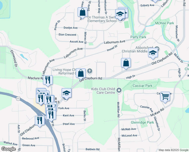 map of restaurants, bars, coffee shops, grocery stores, and more near 34661 Old Clayburn Road in Abbotsford