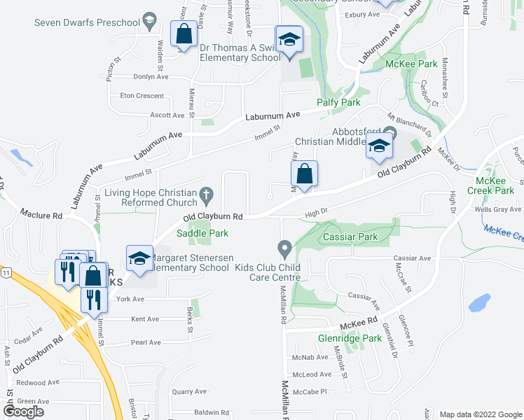 map of restaurants, bars, coffee shops, grocery stores, and more near 34759 Old Clayburn Road in Abbotsford