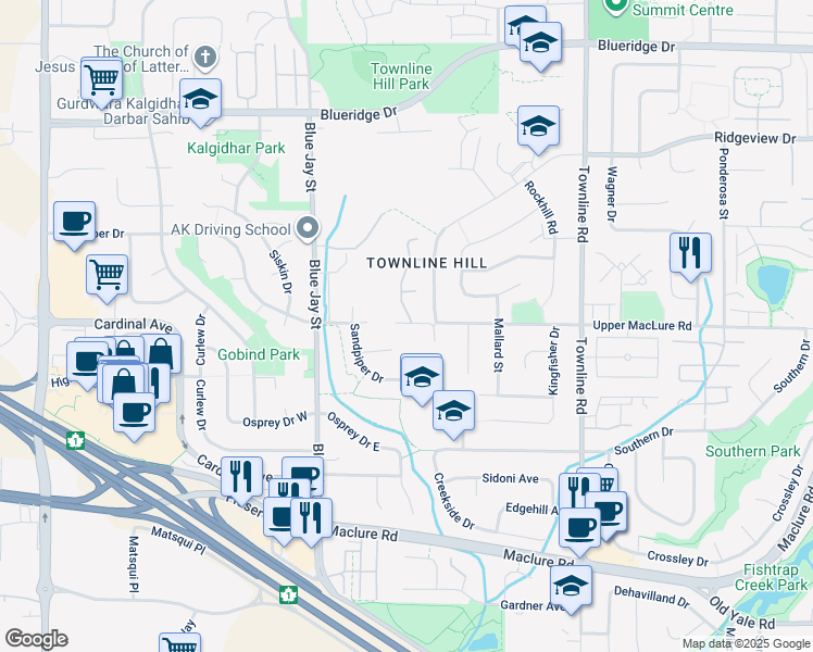 map of restaurants, bars, coffee shops, grocery stores, and more near 30914 Upper MacLure Road in Abbotsford