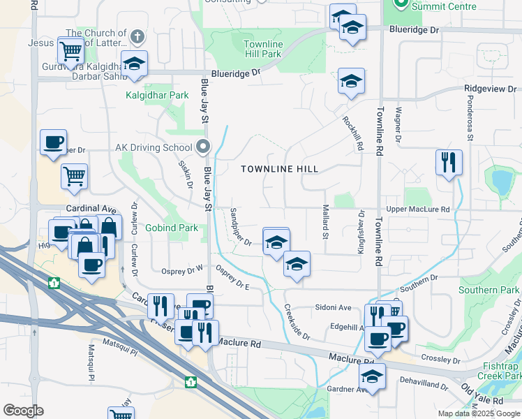 map of restaurants, bars, coffee shops, grocery stores, and more near 30908 Upper MacLure Road in Abbotsford