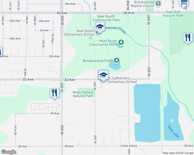 map of restaurants, bars, coffee shops, grocery stores, and more near 20213 32 Avenue in Langley