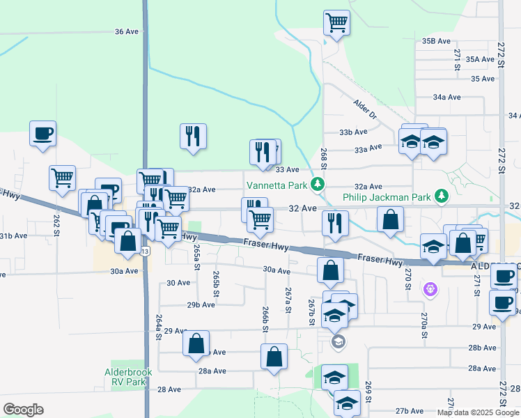 map of restaurants, bars, coffee shops, grocery stores, and more near 26655 32 Avenue in Langley