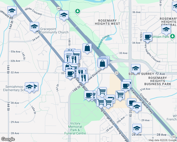map of restaurants, bars, coffee shops, grocery stores, and more near 14909 32 Avenue in Surrey