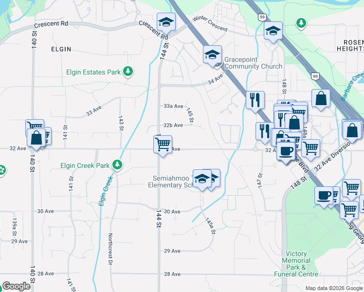 map of restaurants, bars, coffee shops, grocery stores, and more near 14477 32 Avenue in Surrey