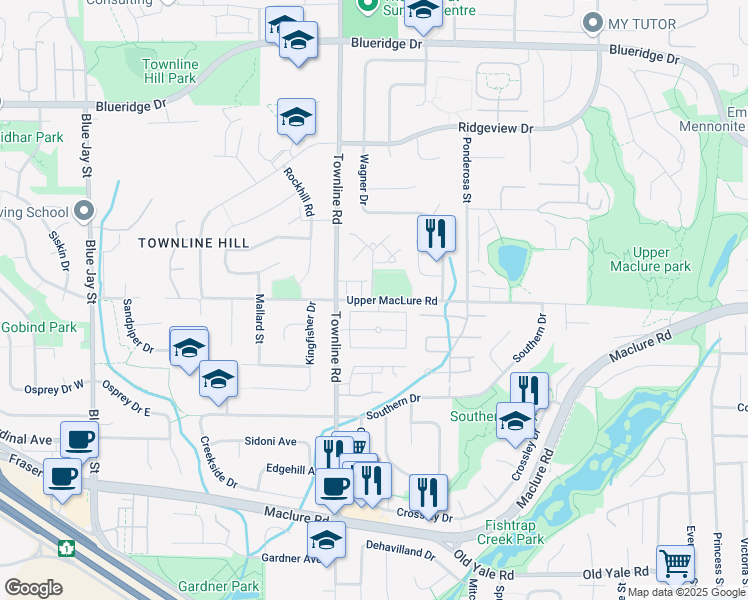 map of restaurants, bars, coffee shops, grocery stores, and more near Upper MacLure Road in Abbotsford