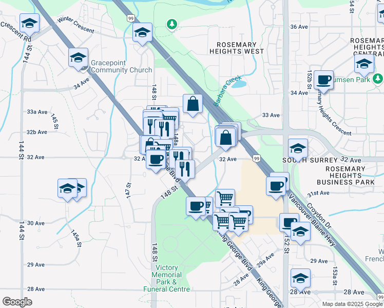 map of restaurants, bars, coffee shops, grocery stores, and more near 14909 32 Avenue in Surrey