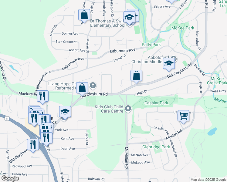 map of restaurants, bars, coffee shops, grocery stores, and more near 34759 Old Clayburn Road in Abbotsford