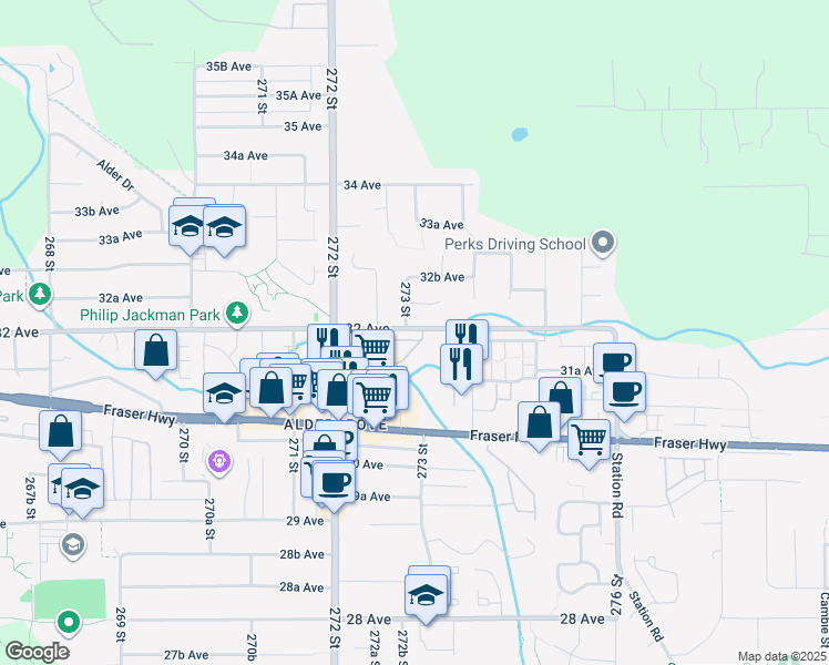 map of restaurants, bars, coffee shops, grocery stores, and more near in Langley Township