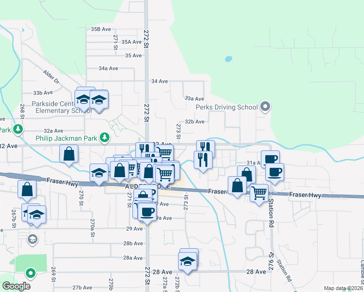 map of restaurants, bars, coffee shops, grocery stores, and more near in Langley Township