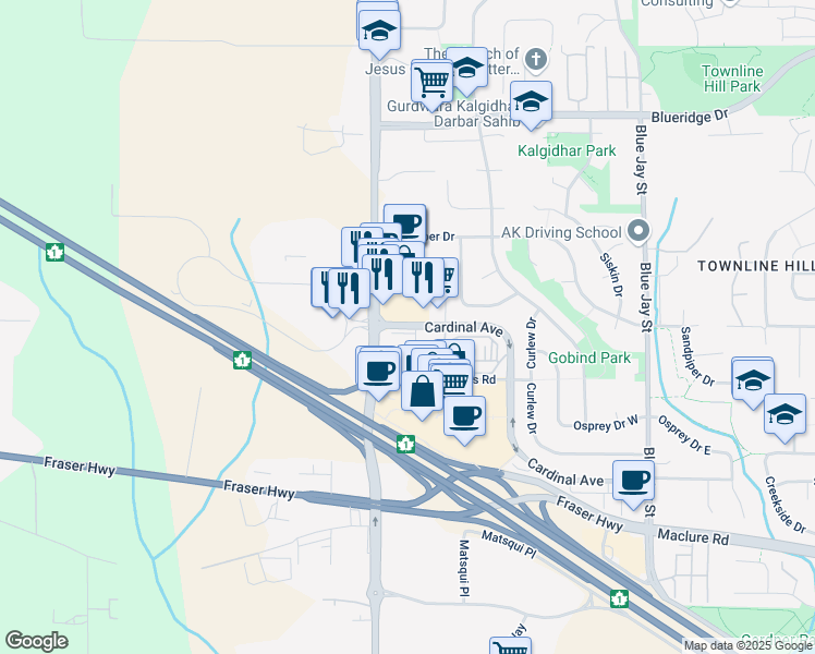 map of restaurants, bars, coffee shops, grocery stores, and more near 30490 Cardinal Avenue in Abbotsford