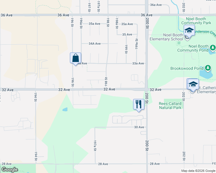 map of restaurants, bars, coffee shops, grocery stores, and more near 19805 32 Avenue in Langley