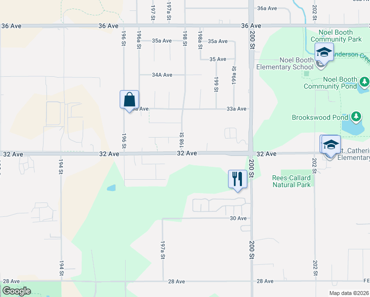 map of restaurants, bars, coffee shops, grocery stores, and more near 19721 32 Avenue in Langley