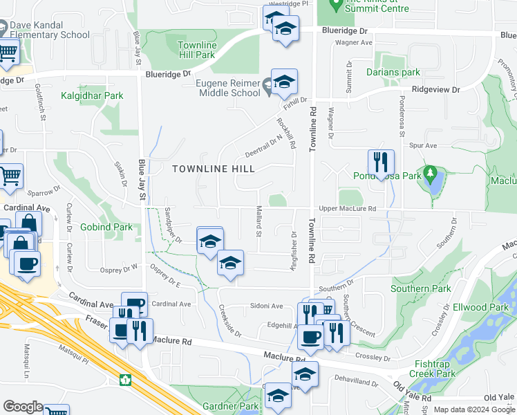 map of restaurants, bars, coffee shops, grocery stores, and more near 31053 Upper Maclure Road in Abbotsford