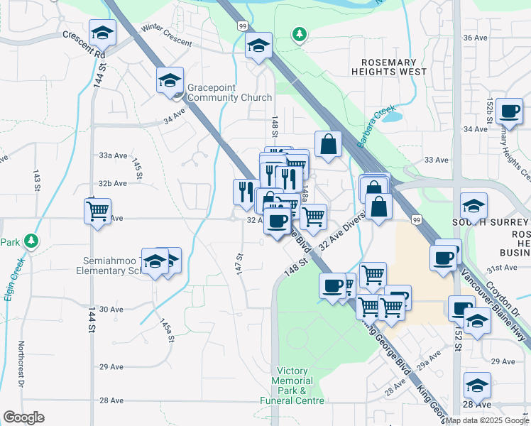 map of restaurants, bars, coffee shops, grocery stores, and more near 3237 King George Boulevard in Surrey