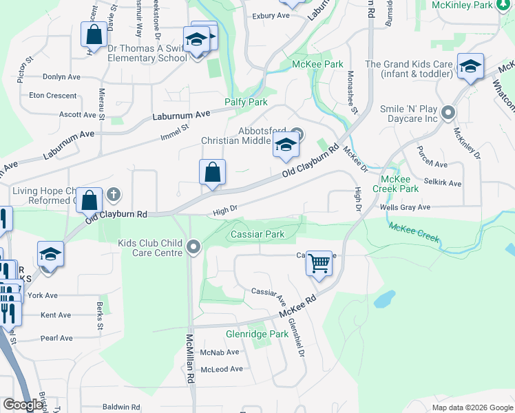 map of restaurants, bars, coffee shops, grocery stores, and more near 34968 High Drive in Abbotsford