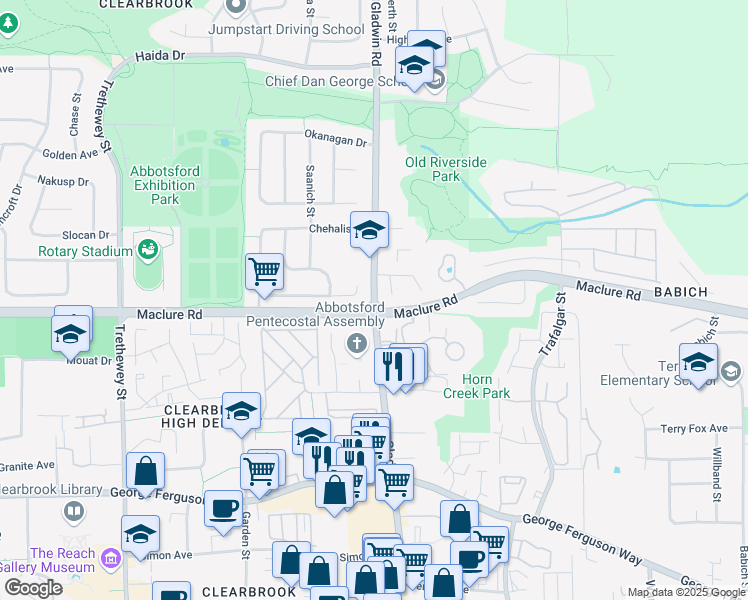 map of restaurants, bars, coffee shops, grocery stores, and more near 3193 Gladwin Road in Abbotsford