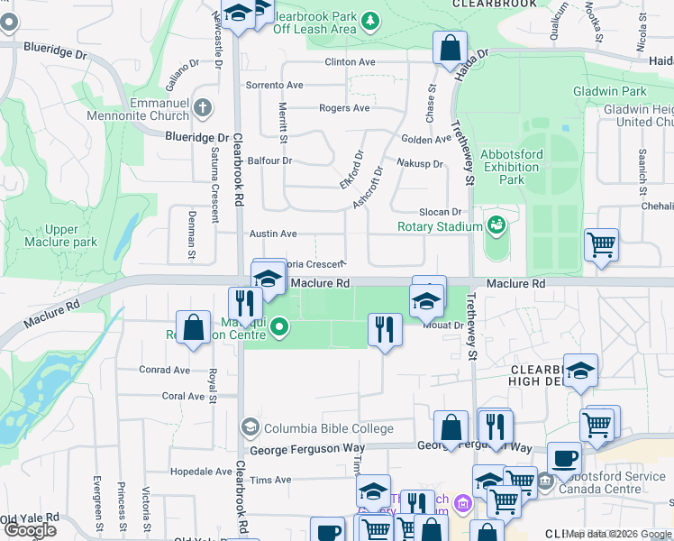 map of restaurants, bars, coffee shops, grocery stores, and more near 32174 Astoria Crescent in Abbotsford