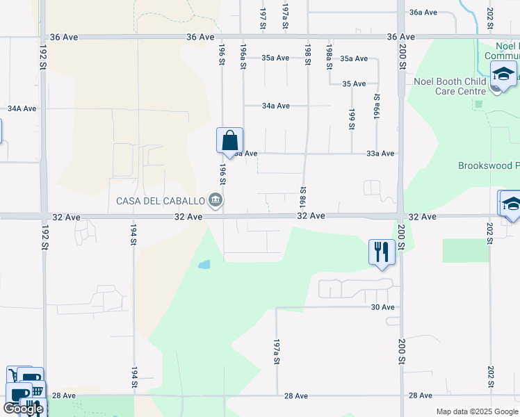 map of restaurants, bars, coffee shops, grocery stores, and more near 3215 197 Street in Langley