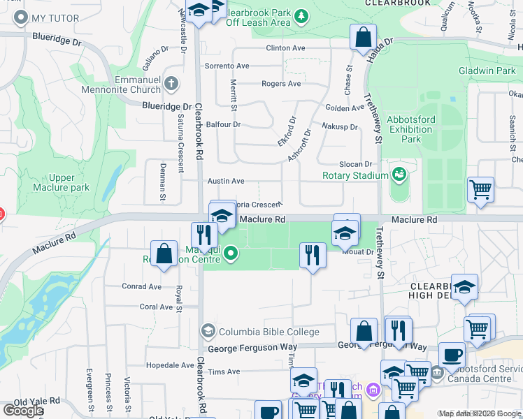map of restaurants, bars, coffee shops, grocery stores, and more near 32138 Astoria Crescent in Abbotsford