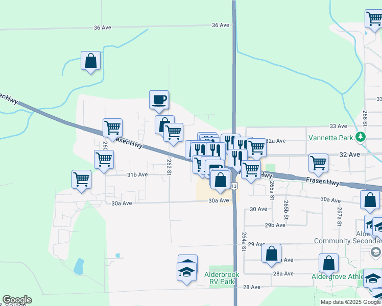 map of restaurants, bars, coffee shops, grocery stores, and more near 26310 Fraser Highway in Langley Township