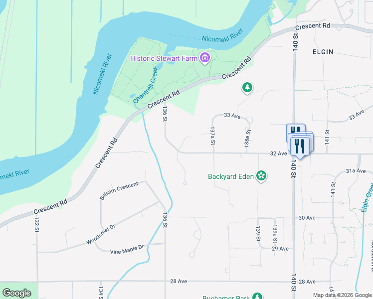 map of restaurants, bars, coffee shops, grocery stores, and more near 13677 32 Avenue in Surrey