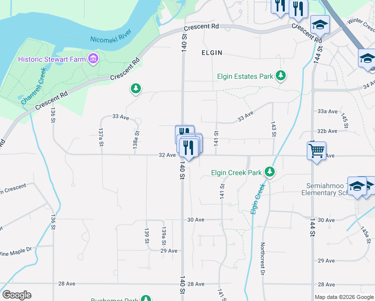 map of restaurants, bars, coffee shops, grocery stores, and more near 3208 140 Street in Surrey