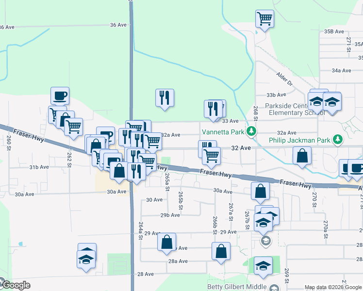map of restaurants, bars, coffee shops, grocery stores, and more near 26549 32 Avenue in Langley
